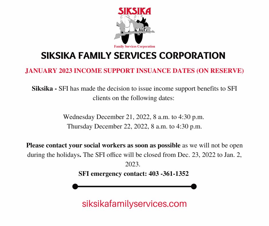 SiksikaFamily's tweet photo. Important notice regarding SFI clients located on Siksika Reserve https://t.co/s9cEb6bCuA