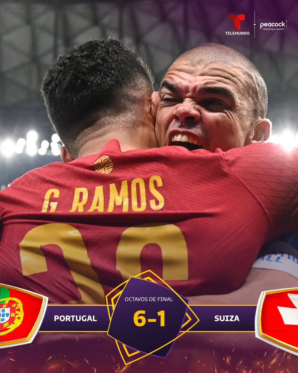 TelemundoSports's tweet photo. 👏 ¡PORTUGAL CAMINANDO A 4TOS DE FINAL!

🇵🇹 Goncalo Ramos marcó su primer hat-trick en una #FIFAWorldCup 

⚽️Pepe, Leao y Guerreiro hicieron lo propio ante #SUI

🔝#POR no accedía a esta instancia desde 2006

🏆¿Puede ilusionarse ‘CR7’ con el trofeo?

#ElMundialLoEsTodo #PORvsSUI https://t.co/EoW1ZqVjFl
