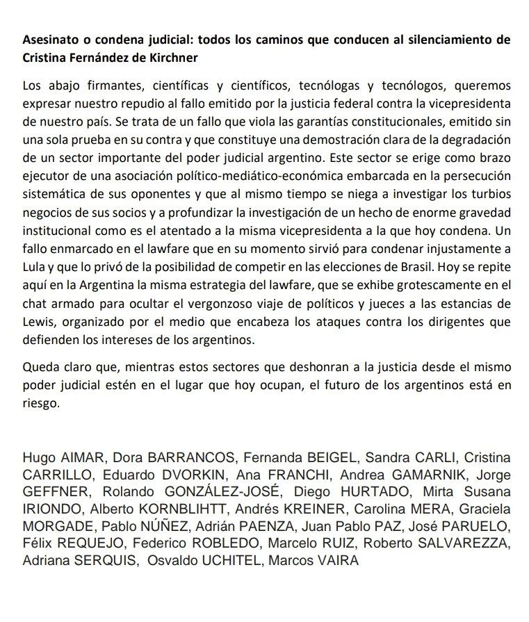 Los abajo firmantes, científicas y científicos, tecnólogas y tecnólogos, queremos expresar nuestro repudio al fallo emitido por la justicia federal contra  <a href="/CFKArgentina/">Cristina Kirchner</a>.
