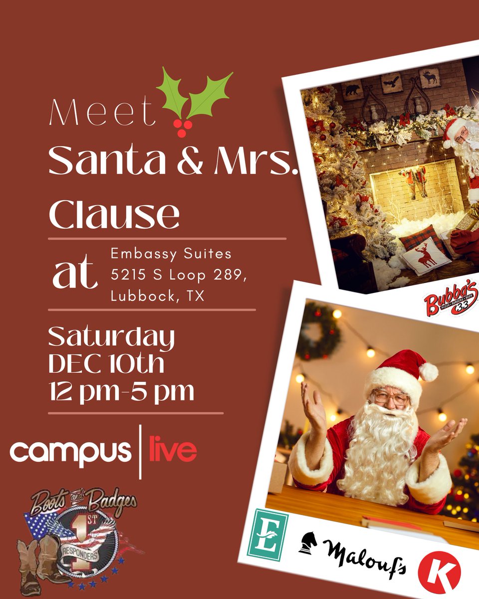CampusLiveTTU's tweet photo. This Saturday Campus Live is going to Embassy Suites to hangout with Santa, and Mrs. Clause! #lbk #wrekcem #redraiders #ttu #santapics #santa #mrsclause #ttulive #itssanta #embassy suites https://t.co/P5lYwr2vRj