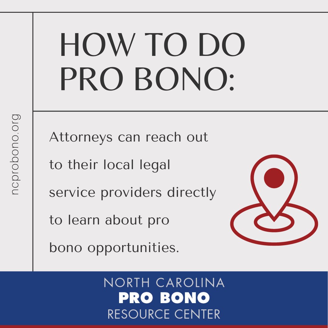 Are you an attorney interested in pro bono volunteering? You can directly reach out to your local legal service providers to learn about pro bono opportunities, such as @PisgahLegal in the Asheville area, @CharlotteCente6 in the Charlotte area, and @LegalAidNC.