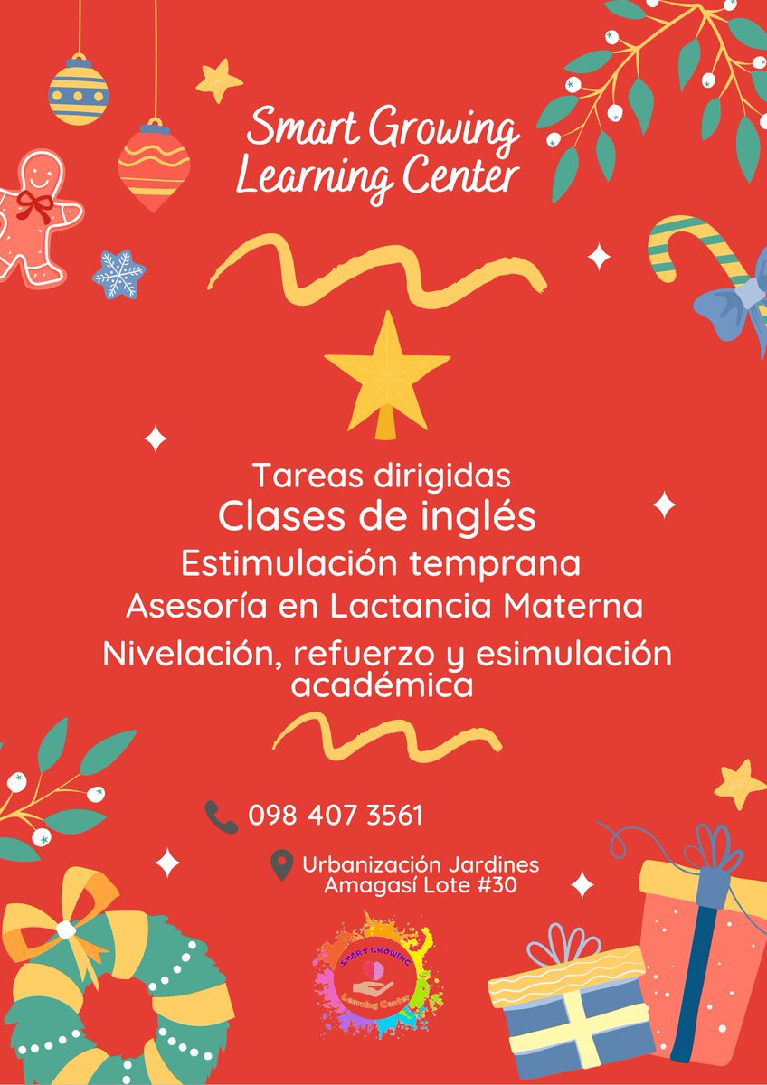 SmartGrowingLC's tweet photo. ¡Llegó diciembre y con él, todo lo que tenemos para ofrecerte a ti y tu peque! 🎅🧒🎄✨️ #smartgrowinglearningcenter
#tareasdirigidas #centroderefuerzopedagógico #navidad #estimulaciontemprana #nivelacionyrefuerzo #asesorialactanciamaterna #clasesdeinglés #2022 https://t.co/FImmdgSih0