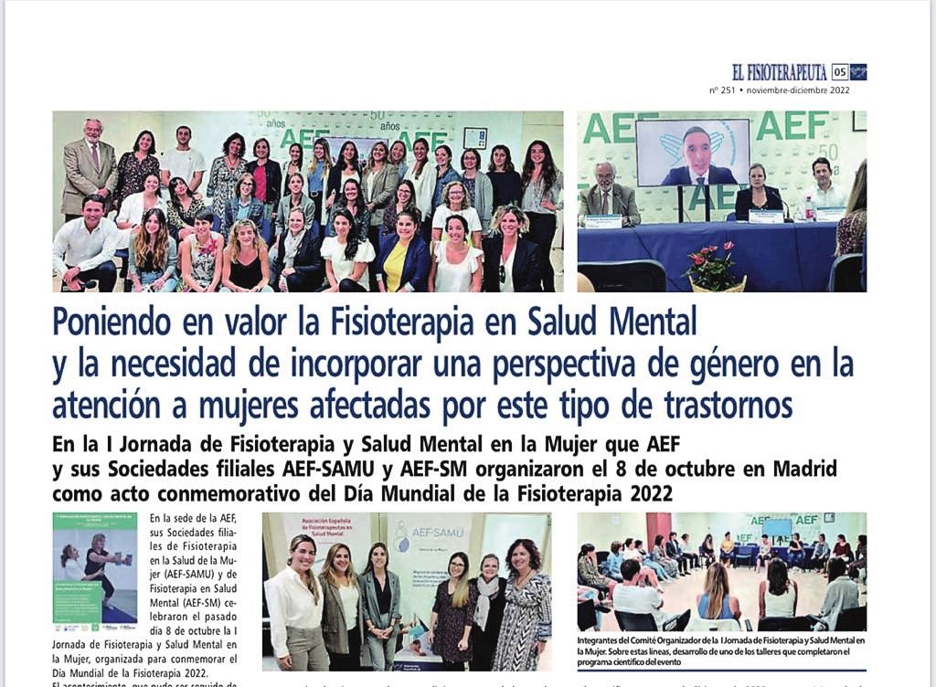 #EsNoticia Las sociedades filiales <a href="/aef_samu/">AEF-SAMU</a> y <a href="/aefsm_info/">AEF Salud Mental</a> se unen para conmemorar el #DMF2022 en la primera #Jornada de #saludmental en la #mujer. #perpectivadegenero. Puedes acceder a la noticia completa en nuestro 🗞️#ElFisioterapeuta #Fisioterapia #fisioterapeutas