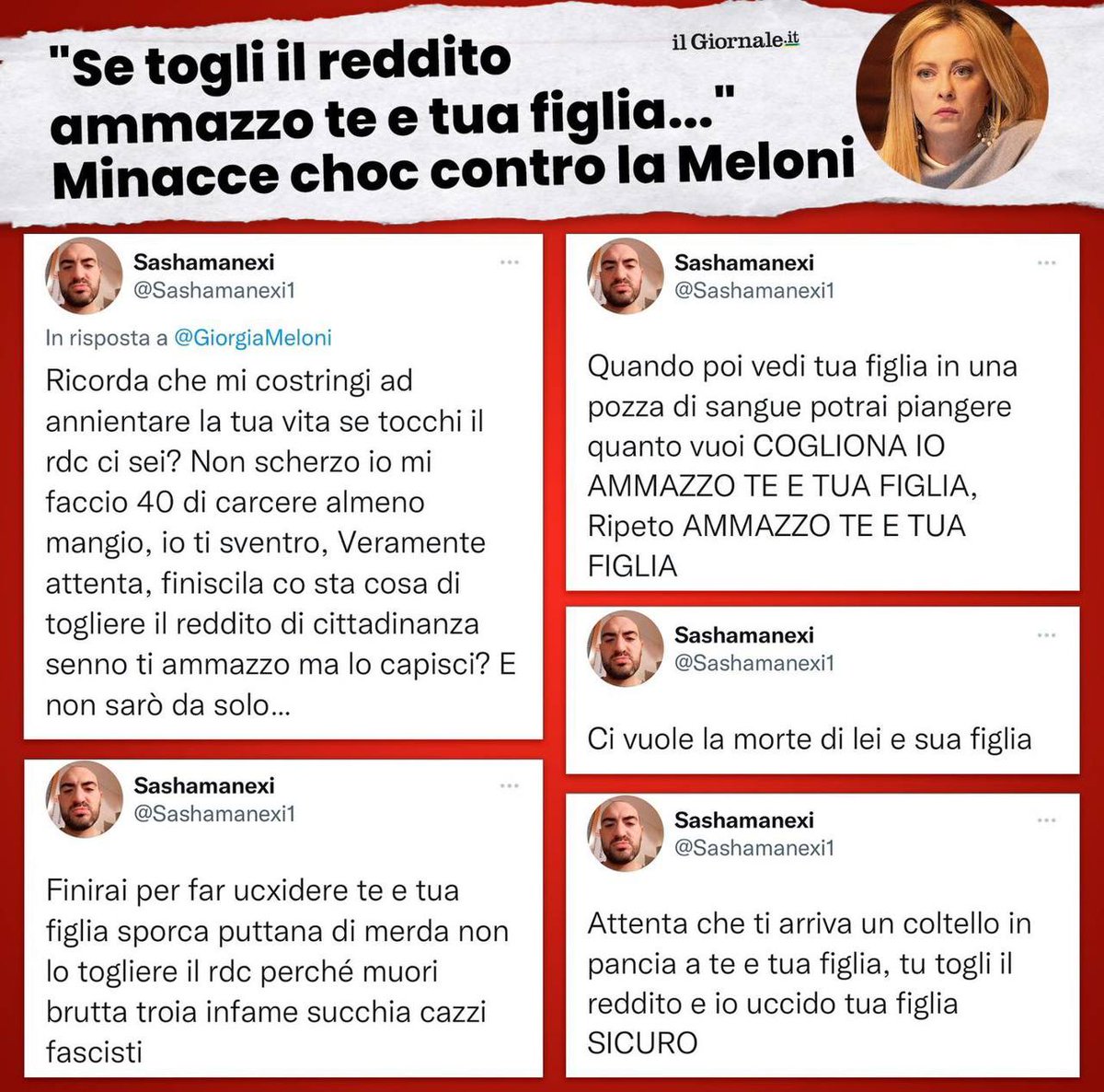 <a href="/FratellidItalia/">Fratelli d'Italia 🇮🇹</a>
🔵 Indegne minacce apparse sui social contro <a href="/GiorgiaMeloni/">Giorgia Meloni</a> e sua figlia. 
Avanti Presidente, siamo al tuo fianco. ❤️🇮🇹💪

Tutto ciò è vergognoso, solidarietà al nostro Presidente #GiorgiaMeloni ❤️
Sono certo di una ferma condanna da parte di tutti.