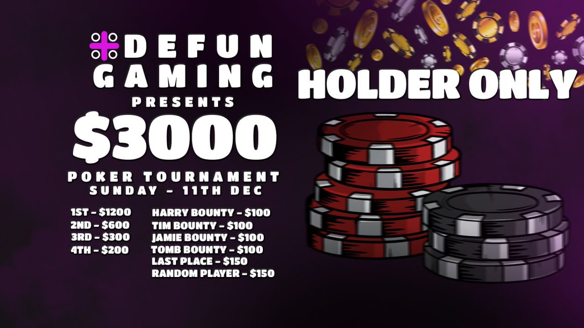 DePokerClub's tweet photo. IT’S #POKER WEEK👀

$3000 Tournament begins 3pm EST / 8pm GMT this Sunday.

Up to 300 places available🔥

You just need to be a minimum bronze-tier $Defun holder, full details at https://t.co/MsltvyzWFx https://t.co/K5rbfDcPmZ