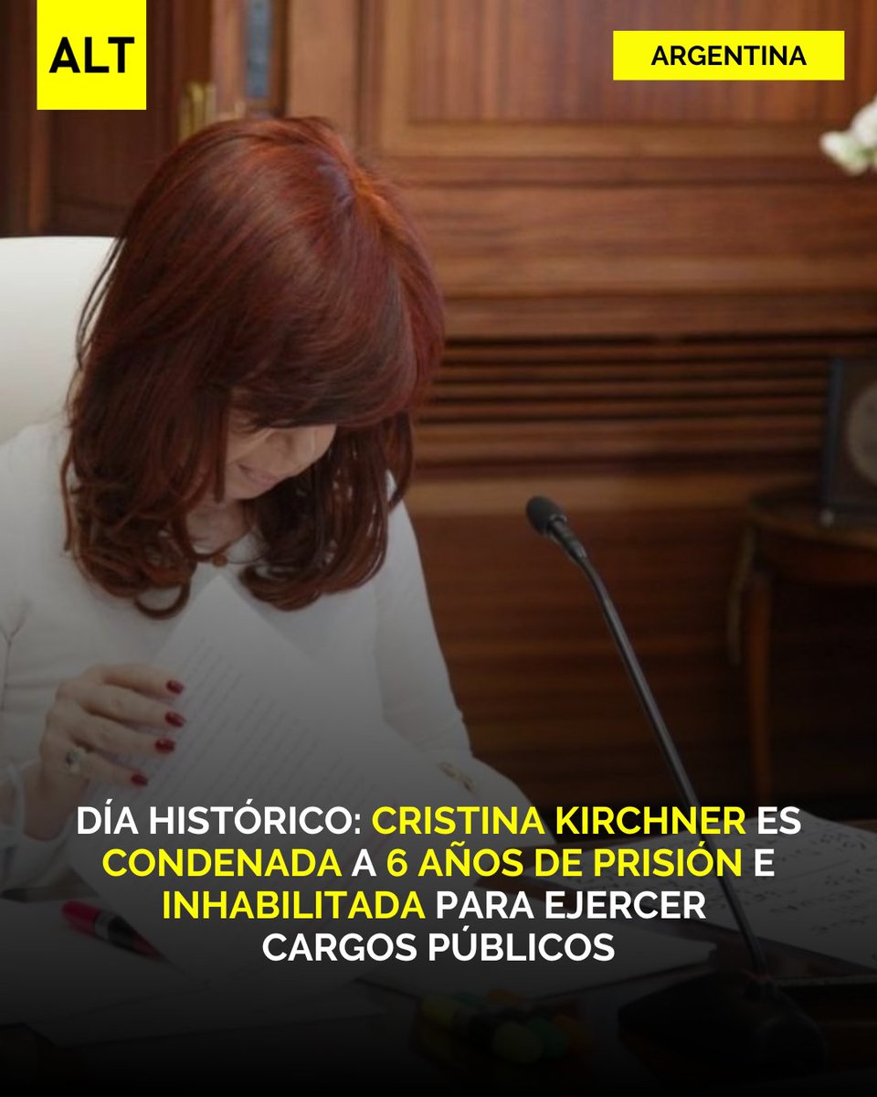 🇦🇷 | DÍA HISTÓRICO: Cristina Kirchner fue condenada a 6 años de prisión por corrupción, e inhabilitada para ejercer cargos públicos. La Vicepresidente de Argentina escuchó la sentencia desde su despacho en el Congreso.