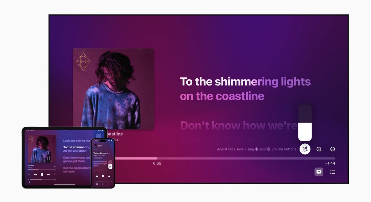 briantong's tweet photo. JUST ANNOUNCED! Karaoke comes to the ecosystem with Apple Music Sing! B-Teezy won't be leaving the living room anymore! SO DOPE!

Available later this month to Apple Music subscribers worldwide on iPhone, iPad, and the new Apple TV 4K. https://t.co/BMh5k2aj4H 🎤🎵👩‍🎤💜 https://t.co/XpJfTkObcS