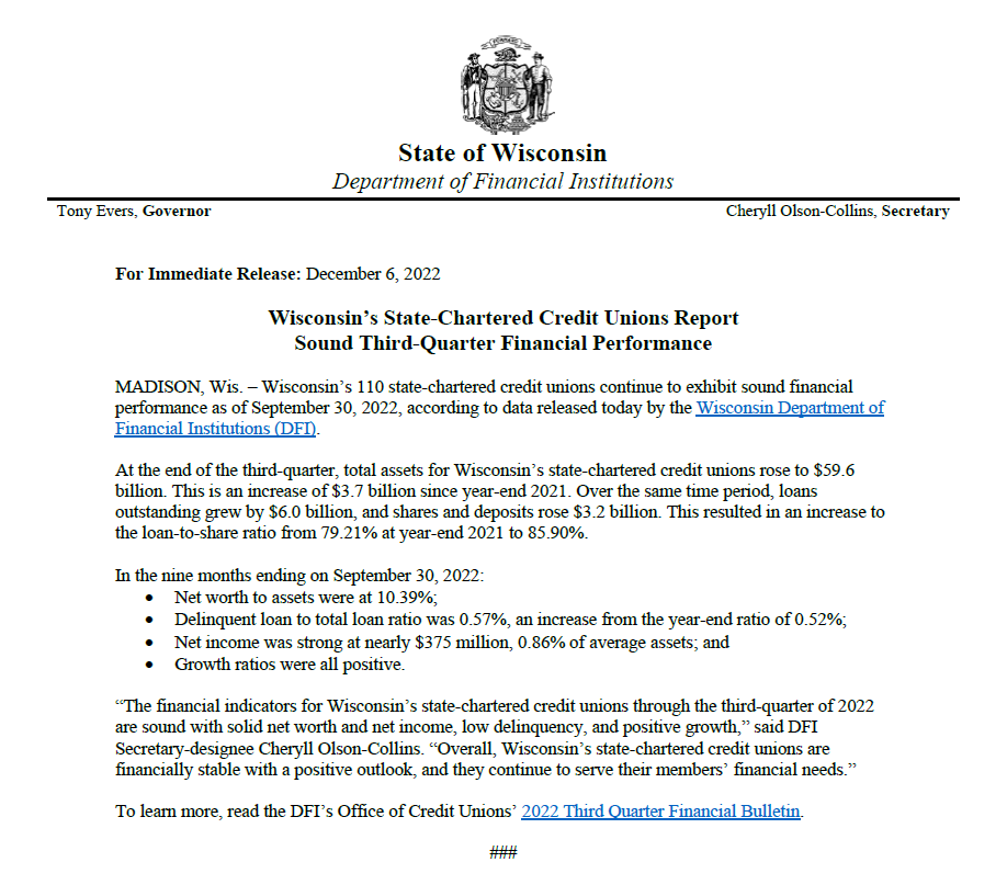 Wisconsin DFI on Twitter "Today WIS_DFI announced Wisconsin’s 110
