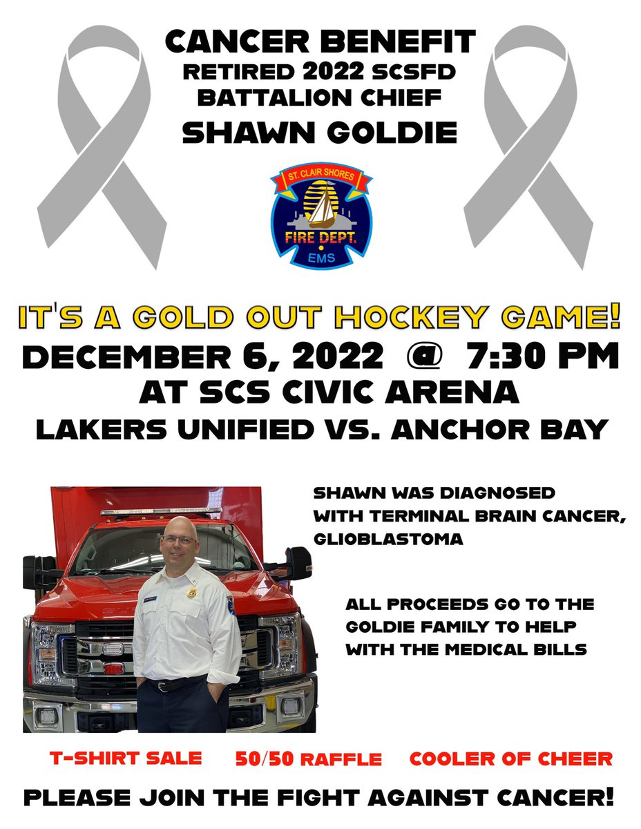 Please join us tonight in support of retired SCSFD Batallion Chief Shawn Goldie as he faces this challenge.  7:30 PM, SCS Civic against <a href="/AtbHockey/">Anchor Bay Tars Hockey</a> Raffles, silent auction and all proceeds to the Goldie family! <a href="/MichHSHockey/">Mich HS Hockey</a> <a href="/statechampsmich/">STATE CHAMPS! Michigan</a> <a href="/MACHockey1/">MAC Hockey</a> <a href="/SeanPBali/">Sean Baligian</a> <a href="/MadMagyar6/">Mad Magyar</a>
