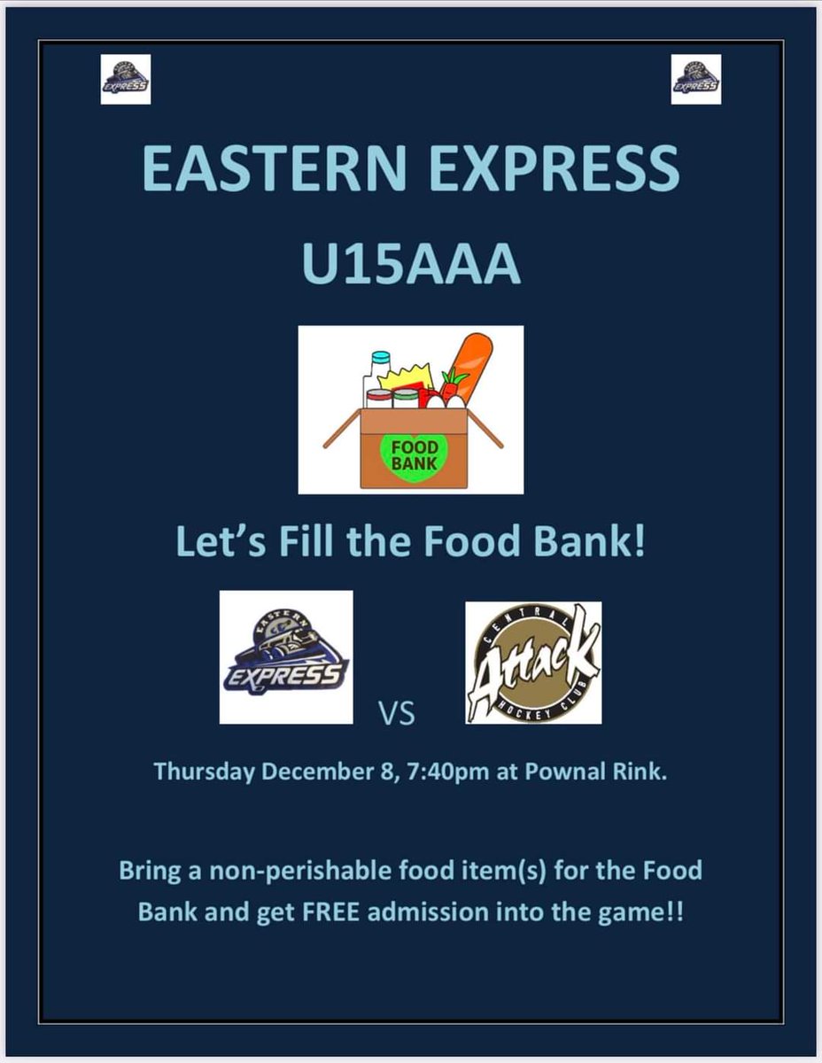 U16DukesHockey's tweet photo. This Thursday is Fill The Food Bank night! FREE admission with a donation to the food bank. PLUS exciting hockey vs the @Attack_U15 ! Game time 7:40pm. https://t.co/JUakBmnhX0
