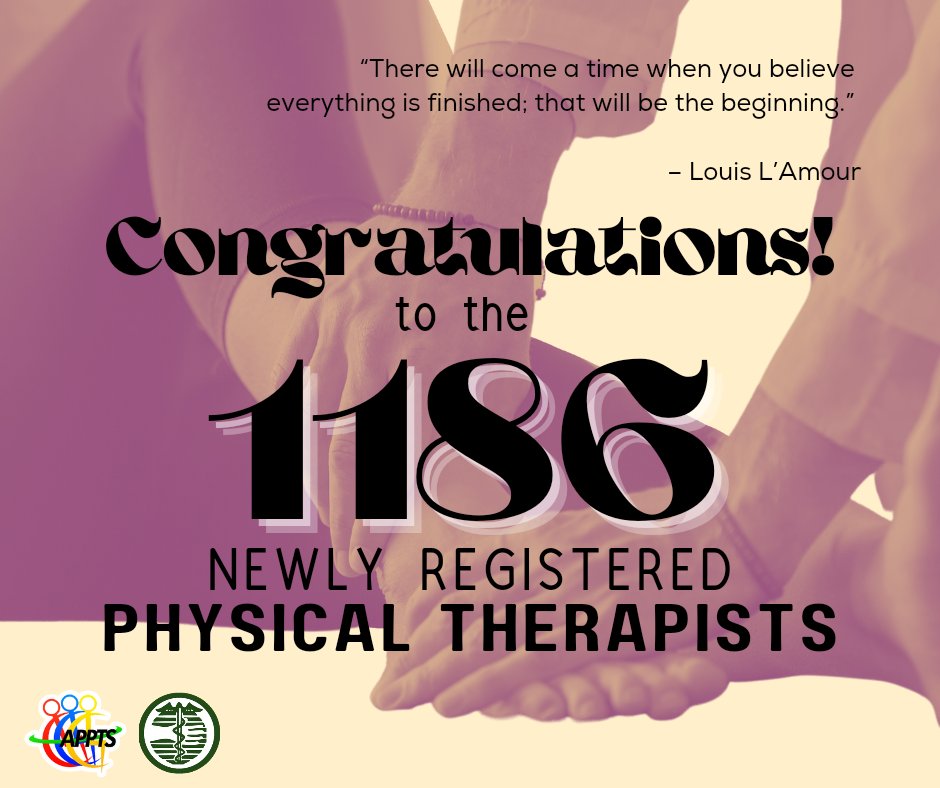 APPTS_PH's tweet photo. APPTS heartily congratulates the 1,186 passers for the December 2022 Physical Therapy Licensure Exam. It was a difficult trip over the previous few years to get you to where you are now. https://t.co/rJsWJWHsNC