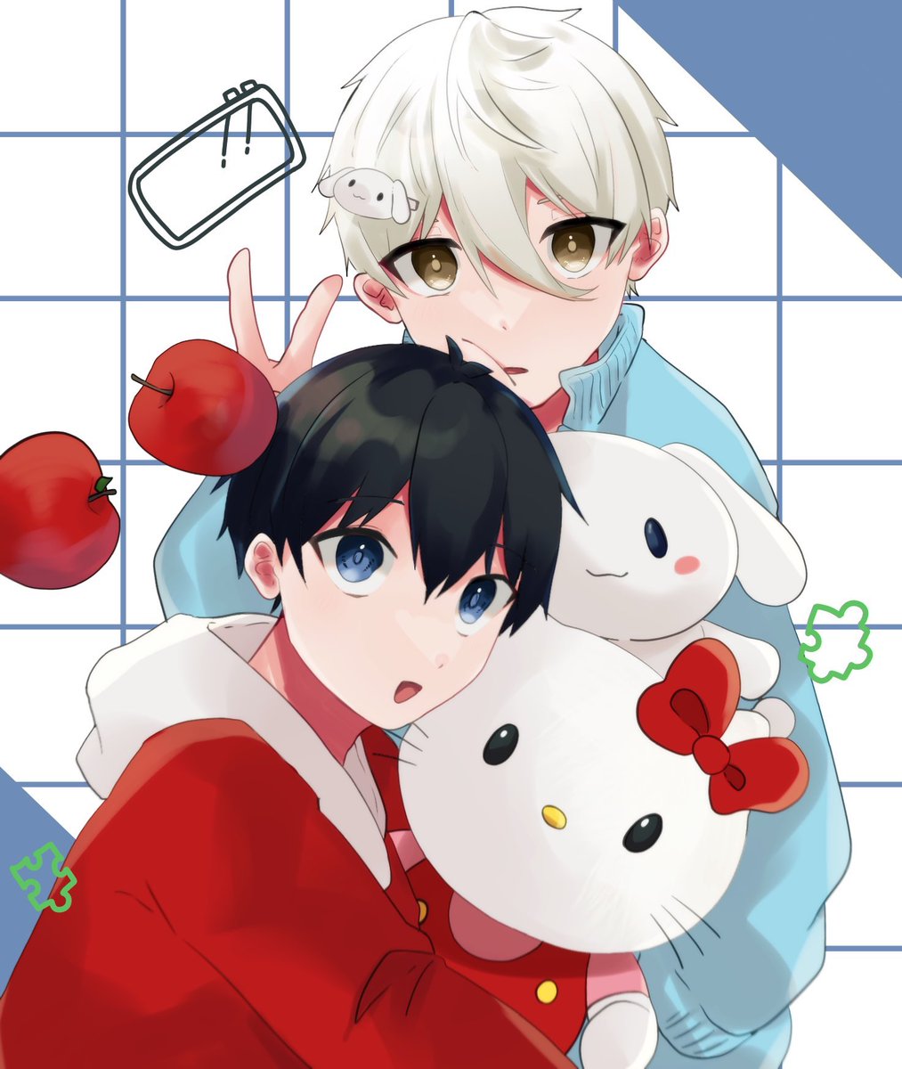 multiple boys 2boys black hair male focus stuffed toy apple white hair  illustration images