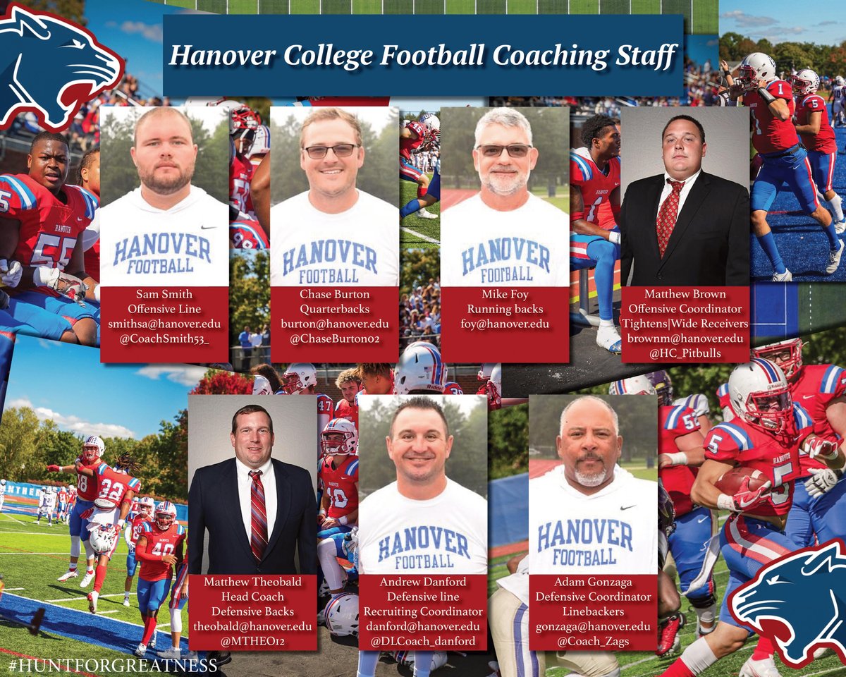 Follow Us⬇️Hanover College🏈Coaching Staff‼️
#HuntForGreatness @HanoverFTBL 🔴⚪️🔵