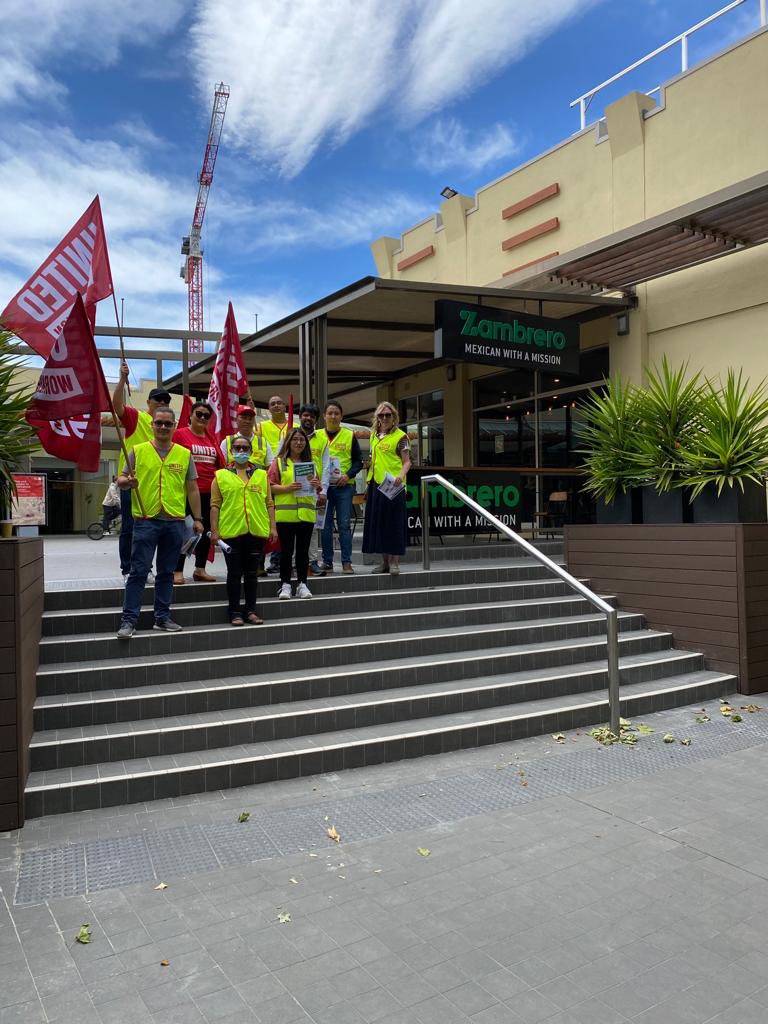 UnitedWorkersOz's tweet photo. Union delegates in Canberra are acting in solidarity with Pampas/Goodman Fielder workers who are on their 3rd week on strike!

@Zambrero’s must call out the exploitation in their food supply chain. #scambrero #PayUpPampas https://t.co/HjTF8b7h7D