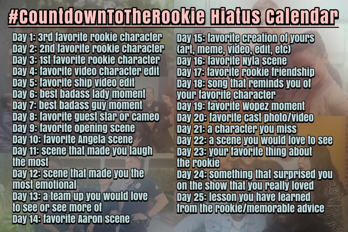 pirateandknight's tweet photo. IT’S HERE ROOKIE PEEPS! The #CountdownToTheRookie hiatus calendar!! We are gonna start on this Friday, December 9th. 
Day 25 will be Monday, January 2nd.
Don’t forget to use the countdown hashtag! Time to start planning 🤔#TheRookie #Chenford https://t.co/fFptyb0eSJ