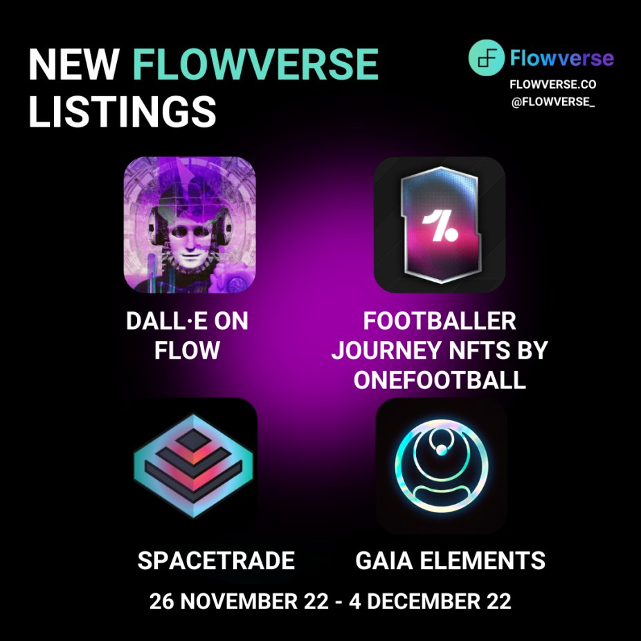 flowverse_'s tweet photo. 🆕  4 new listings on Flowverse &amp; @flow_blockchain

Nov 26 - 4  Dec

1. @dalleonflow 
2. Footballer Journey NFTs by @OneFootball 
3. @spacetradeapp 
4. @GaiaMarketplace Elements 

View all projects: https://t.co/YoT4OWXXoR https://t.co/eAdwvr6Jmv