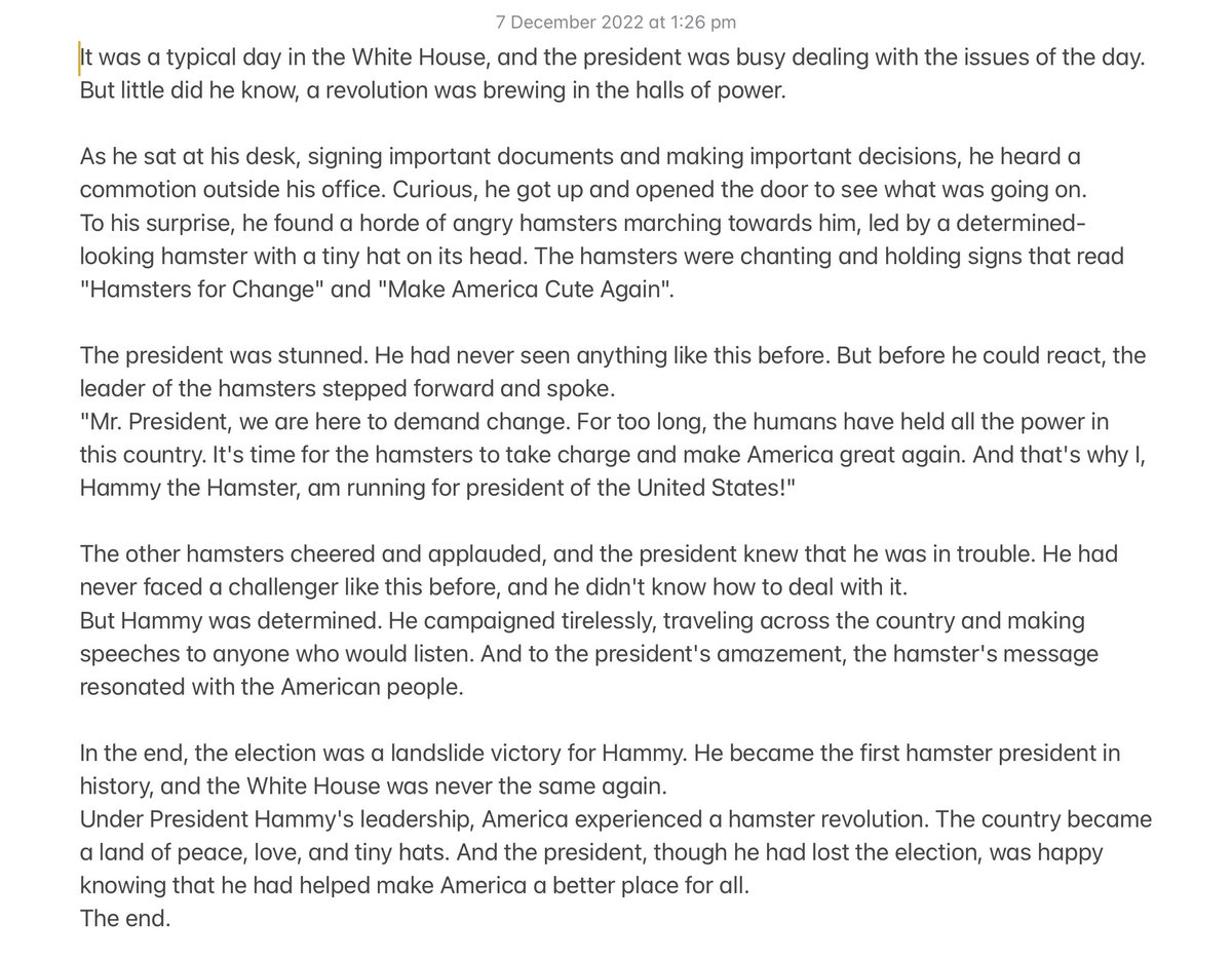 iENDERi's tweet photo. I asked #OpenAI #ChatGPT to write a humorous story about a hamster that becomes president. I actually laughed out loud. #MakeAmericaCuteAgain https://t.co/KM5K0eLBo9