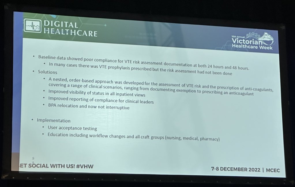 davidnguyenrx's tweet photo. Great to hear about collaborative optimisation of an EMR to improve management of VTE prophylaxis and high risk meds. #VHW https://t.co/XmLI3LiuEv