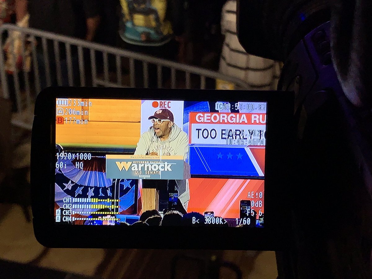 JessicaSavageTV's tweet photo. Spike Lee takes the stage at Sen. Warnock’s election night watch party. He says he got in a plane to be in Georgia, his home state tonight. https://t.co/VHlxKATktr