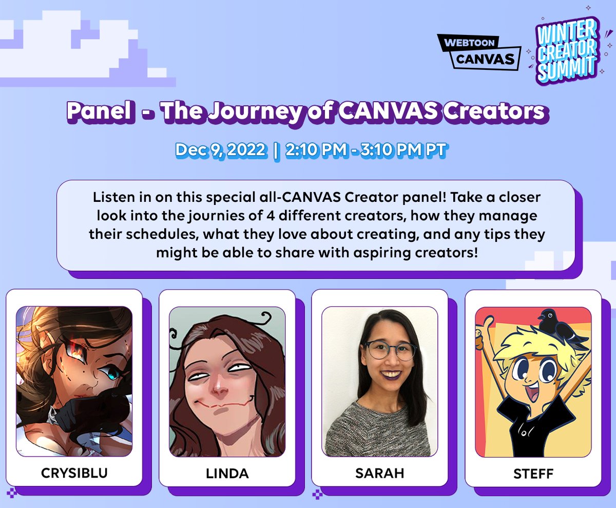 webtooncanvas's tweet photo. Join our #CANVASCreatorSummit happening this week on Dec 9. 🤩
#WEBTOONCANVAS creators @crysiblu, @LindaSejic, @sawah_draws, and @s0s2 will be sharing stories about their journey on WEBTOON!
Save your spot! ➡️ https://t.co/qqWdN8Ro92 https://t.co/jvnV1LSxqQ