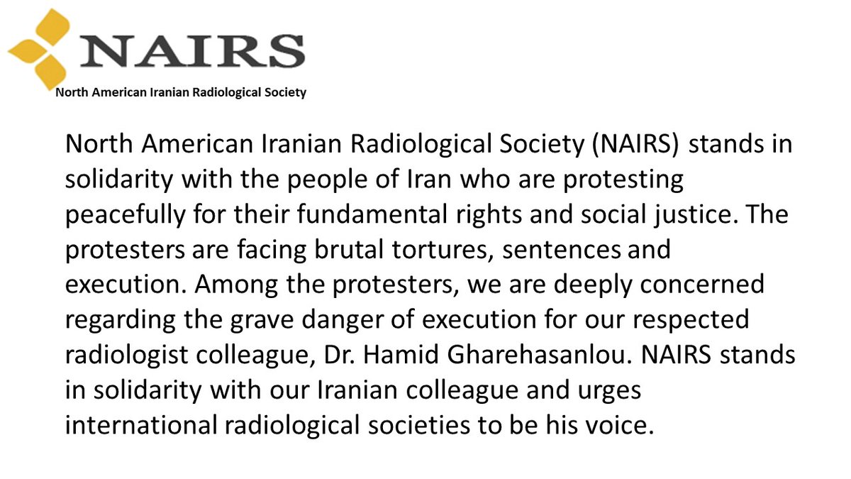 North American Iranian Radiological Society (NAIRS) stands in solidarity with our radiologist colleague in Iran, #Hamid_Gharehassanloo in Iran. #Farzaneh_Gharehassanloo #حمید_قره_حسنلو #فرزانه_قره_حسنلو