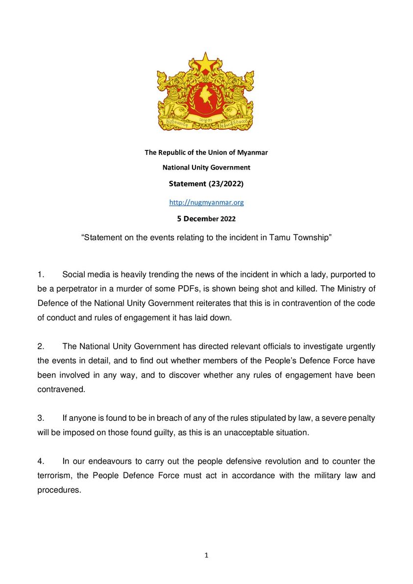 DrSasa22222's tweet photo. “Statement on the events relating to the incident in Tamu Township”

Social media is heavily trending the news of the incident in which a lady, purported to be a perpetrator in a murder of some PDFs, is shown being shot and killed. The Ministry of Defence of the NUG reiterates.. https://t.co/YnSsZfRzq4