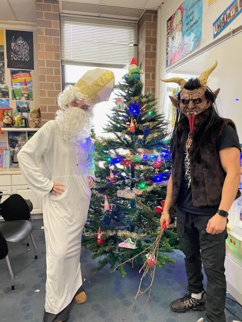 VJAGermanClub's tweet photo. VJA German classes has lots of fun today celebrating the Austrian tradition of Sankt Nikolaus and Krampus! @AndrewHS_d230 https://t.co/91NkxkhU5Y