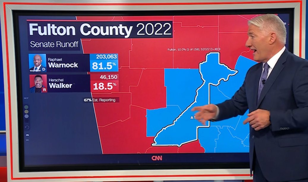 JonesHowDareYou's tweet photo. The count is starting to come in from the big blue counties. With a third of the count still to come, "margins in the big populous counties matter," says John King. He then said "wow." #uspoli #RunOff2022 #Warnock4GA https://t.co/iZfrzmw79m