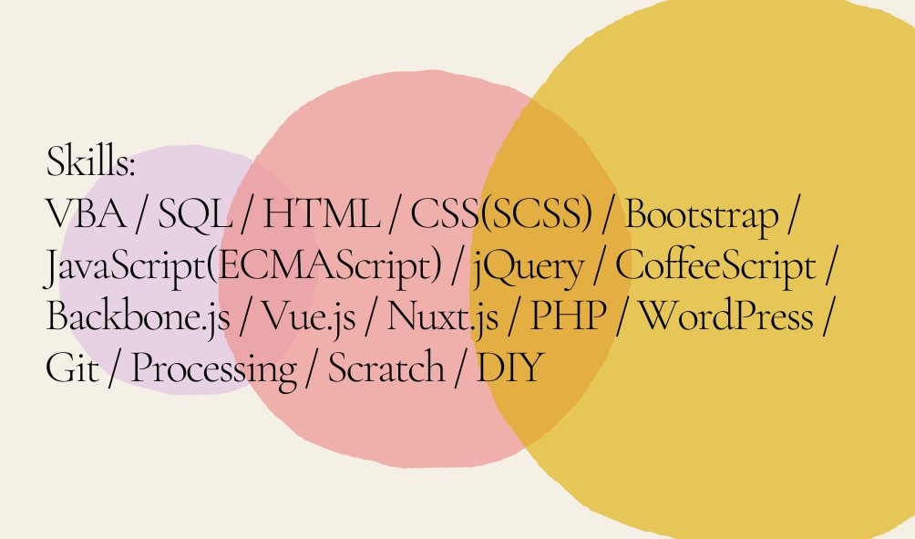 qweldesign's tweet photo. 名刺とかにこう書く（実際にCanvaで作ってみた）。
所有技術: VBA / SQL / HTML / CSS(SCSS) / Bootstrap / JavaScript(ECMAScript) / jQuery / CoffeeScript / Backbone.js / PHP / WordPress / Git / Vue.js / Nuxt.js / Three.js / Processing / Scratch / DIY(!?)
僕はこの先どこへ行くのか。 https://t.co/hOOEfor202