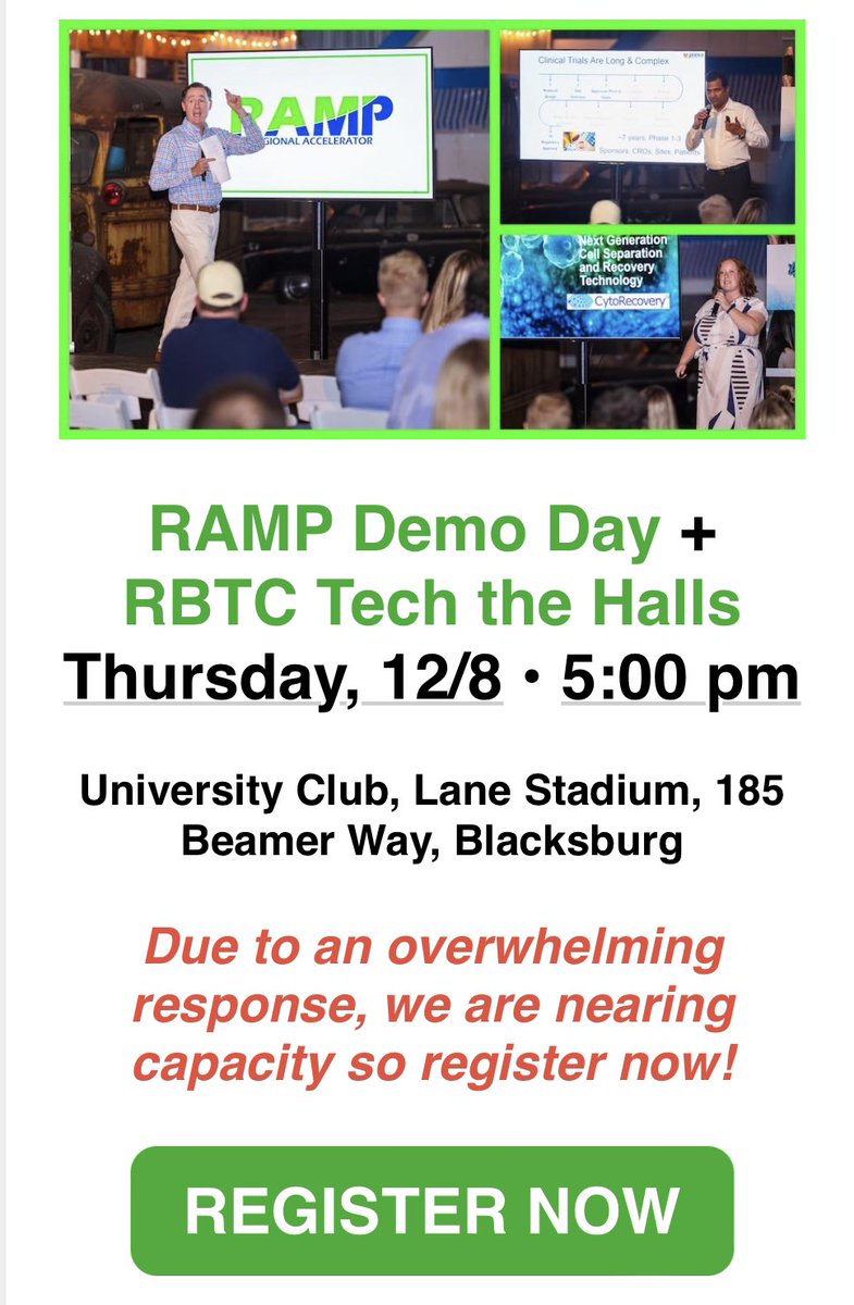 Due to an overwhelming response, we are nearing capacity for Thursday’s RAMP Demo Day + <a href="/RBTechCouncil/">RBTC</a>  “Tech the Halls.”

Register now: member.rbtc.tech/events/tech-th…

Dec. 8, 5:00 pm
University Club, Lane Stadium
185 Beamer Way, Blacksburg