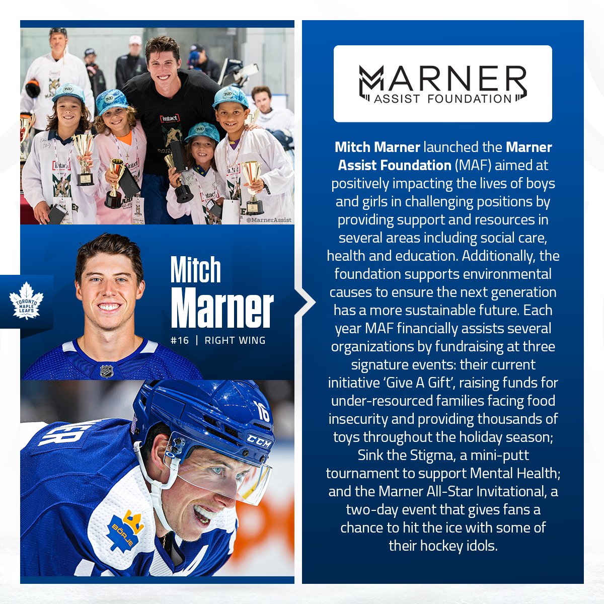 NHLPR's tweet photo. Mitch Marner will put his franchise-record point streak on the line, but his impact goes beyond the ice.

“You’ve got a big spotlight on you to change people’s lives every day &amp; I think it’s your choice to try to do that.” - @Marner93

His community work: https://t.co/I0nE48iTUL https://t.co/ceRRiRx4Eb