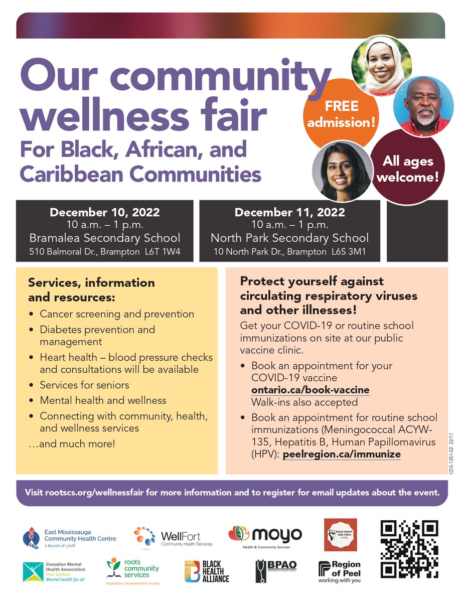 BramaleaCHC's tweet photo. Join us in Brampton this weekend for Our Community Wellness Fairs for BAC Communities! Health checks, info and resources, and vaccination. Dec. 10 at Bramalea Secondary School &amp; Dec. 11 at North Park Secondary School. More info: https://t.co/wp6jg0qu9p https://t.co/Tg7GIHILZC