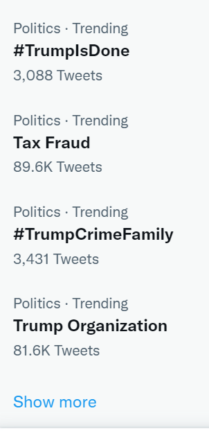 frugalicity's tweet photo. Republicans' top candidate for POTUS is currently dominating the trending list on Twitter again, says a lot about this broken party &amp; the broken people who continue to support this fraud &amp; loser #TrumpIsDone #TrumpCrimeFamily #TaxFraud #TrumpOrganization https://t.co/wKUCoqCbGt