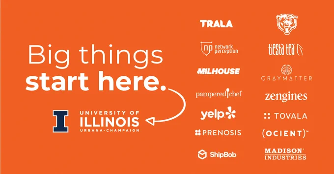 an orange billboard graphic that has text that reads "Big things start here." with an arrow pointing to an Illinois logo. The graphic also has several business logos.