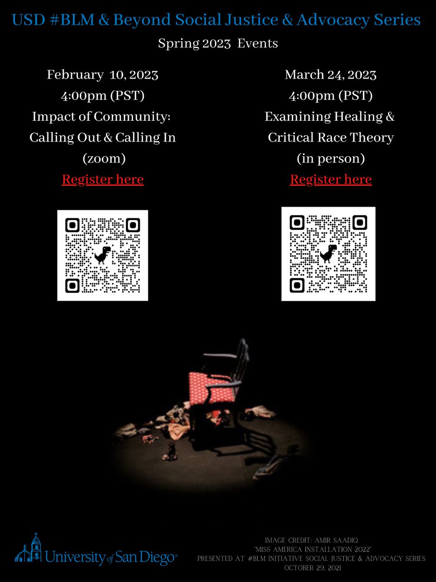 Hello everybody as we wrap up our first semester and transition into the new year we would like to shift our focus to our upcoming spring events. Below are QR codes to scan to register for the upcoming events in Feb. and March. Please register early and spread the word. Thank you