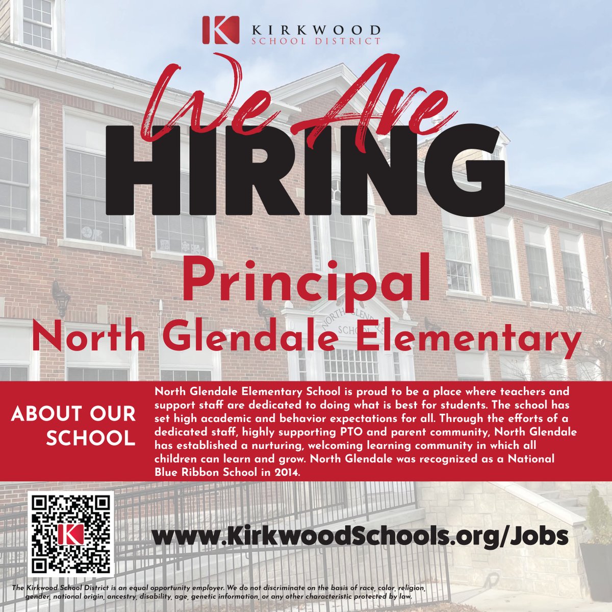 Kirkwood School District is seeking an experienced Elementary School Principal to lead school efforts by developing and executing a shared vision and mission for all district goals. 
kirkwoodschools.org/jobs