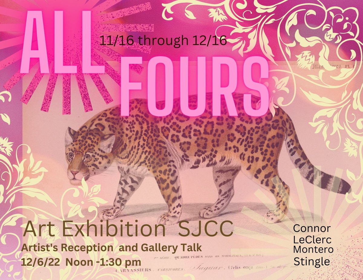 R_TomanengEdD's tweet photo. Wonderful art show today celebrating our four-legged friends via the work of #AllisonConnor #DanielStingle #JanethMontero #FrançoiseLeClerc! #SJCCBrilliant @SJCityCollege @sjccxmilpitas @SJCCTimes @DrBethPratt @michellegregor @markbranom @JLEVC @francis_seludo @OfficialSJECCD https://t.co/l9YIQ2QFHe