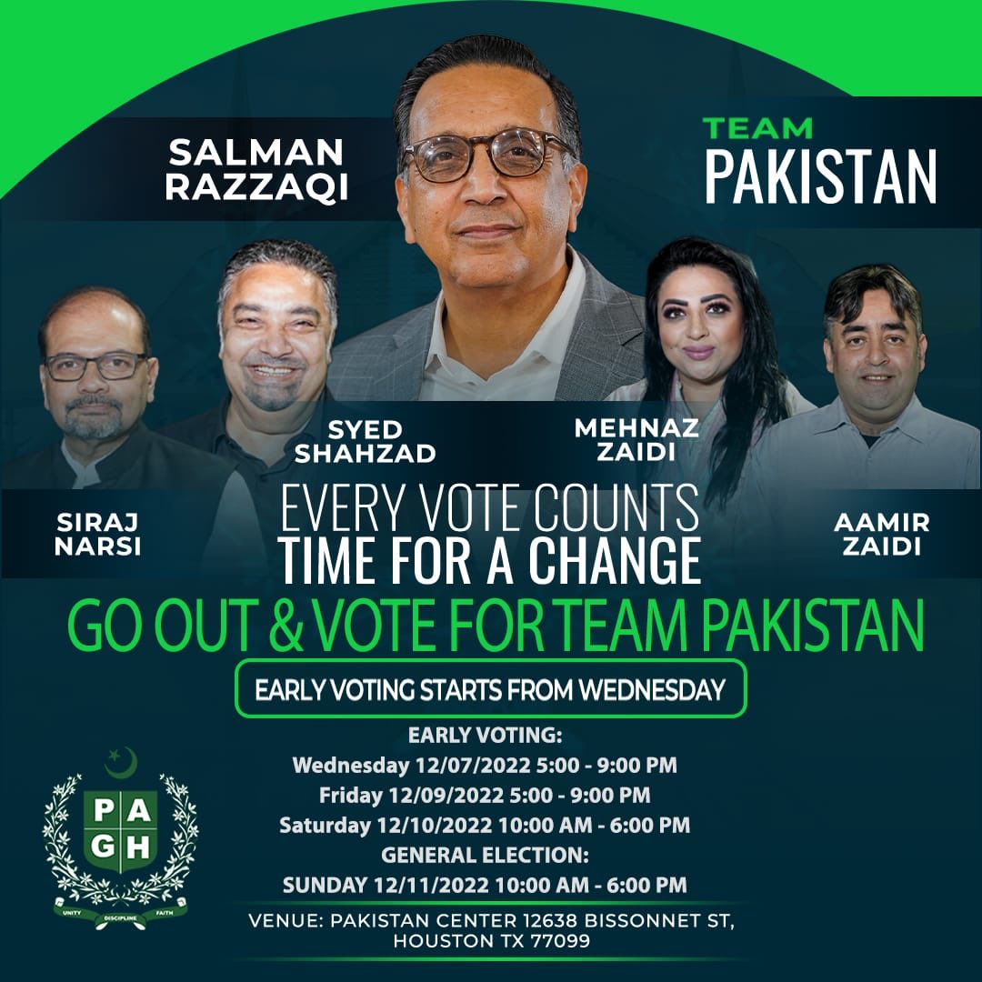 wasimz's tweet photo. Presenting the dream team, TEAM PAKISTAN- your vote can assimilate Houstonian into diverse community. #PAGH https://t.co/Ia5zvbbtmJ