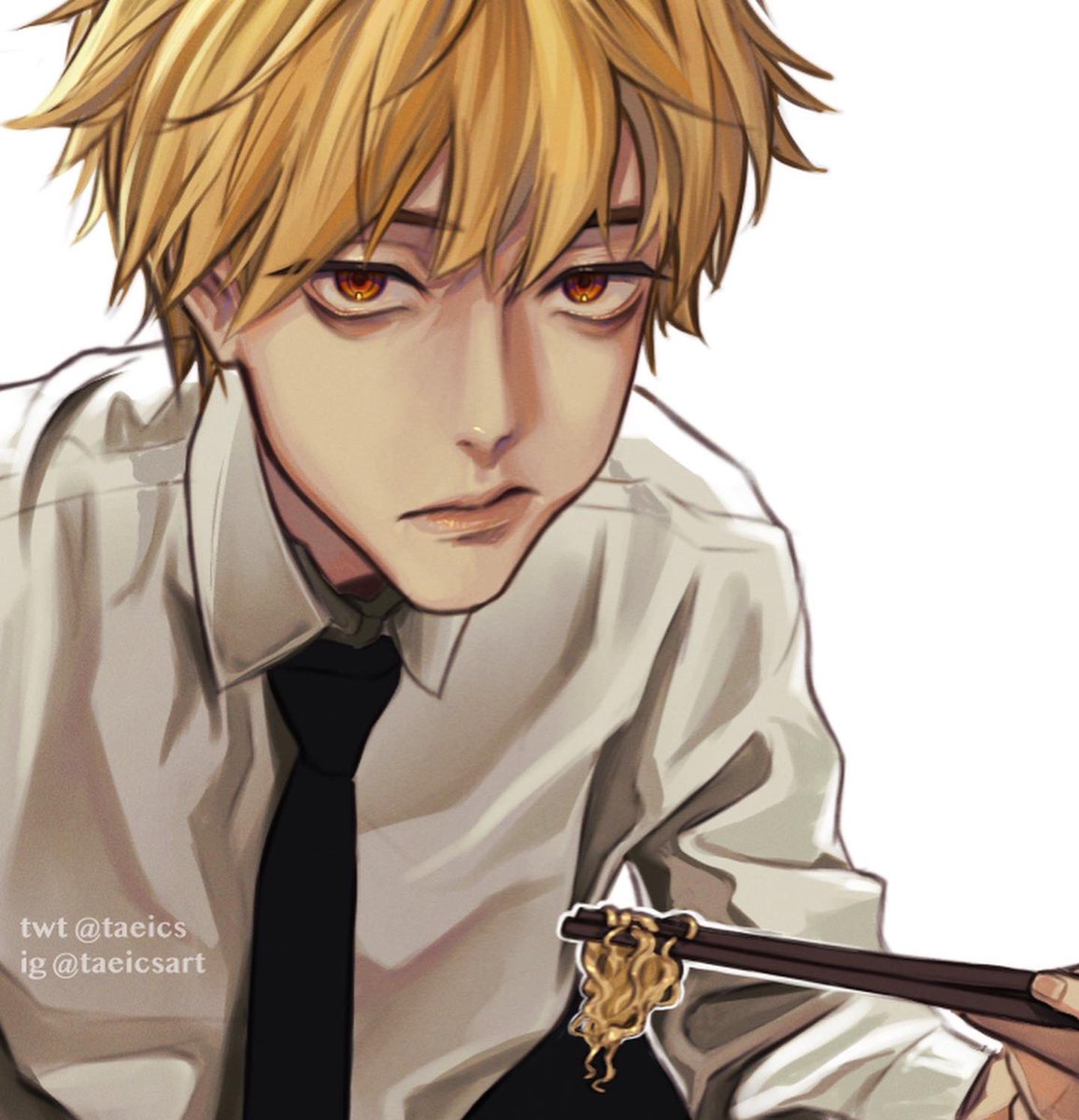 denji (chainsaw man) 1boy blonde hair necktie chopsticks male focus solo shirt  illustration images