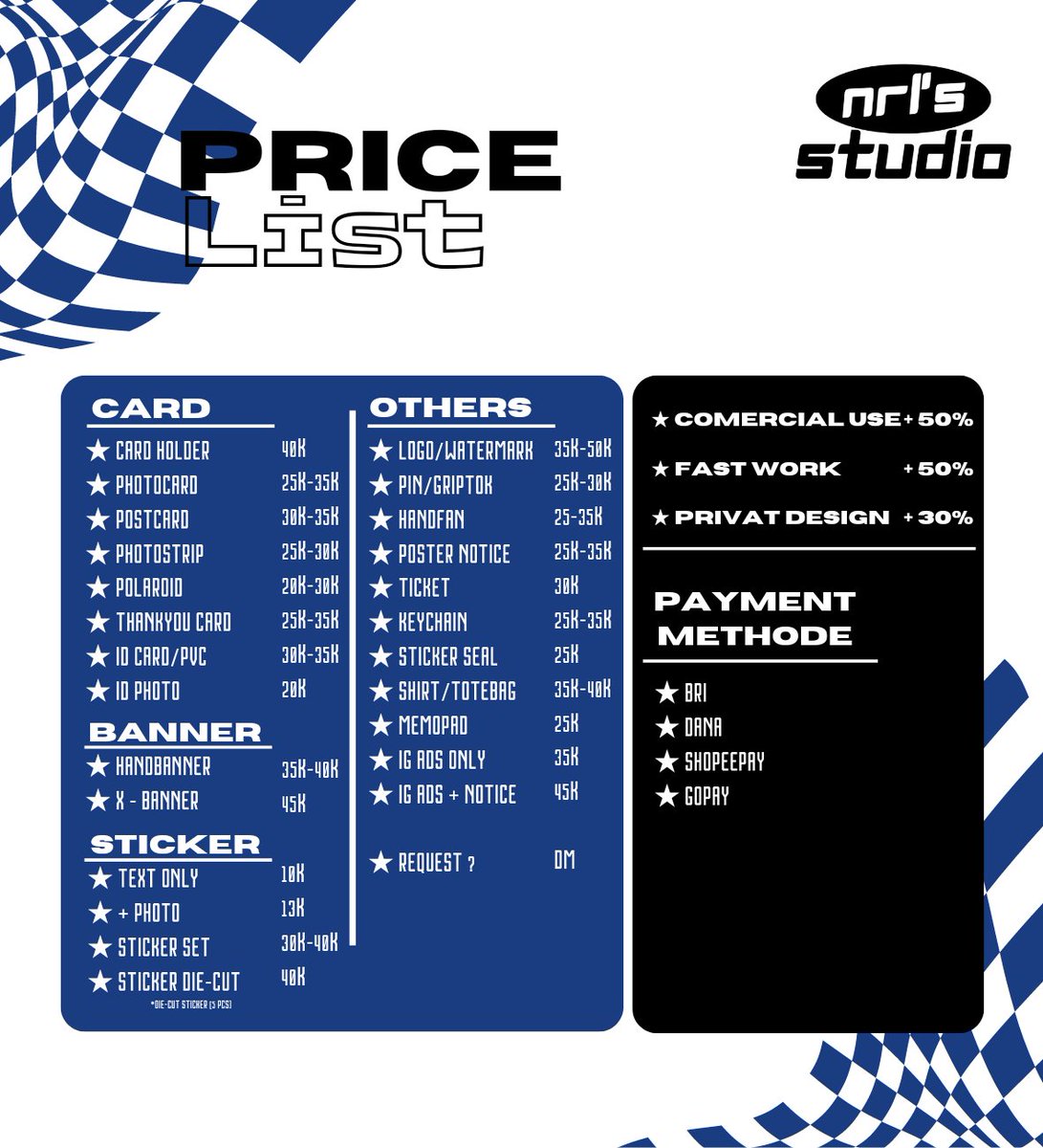 nrlstudio_'s tweet photo. — Price List 
— Terms &amp; Co 

[NRLSTUDIO] 🌀💗
Commission Open! 

#kpopdesign #jasadesign #jasadesain #commission #designcommission #nrlstudio 🌷 https://t.co/VXLoIwouNk