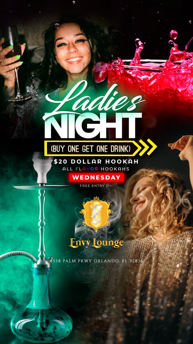 LoungeEnvy's tweet photo. Ladies, Wednesdays at Envy Lounge are made just for you!

Come over to our ladies night party and enjoy our happy hour specials on flavored hookahs, side dishes and your favorite drinks!

DM us for special bottles and reservations. https://t.co/KOa1ShZUqZ