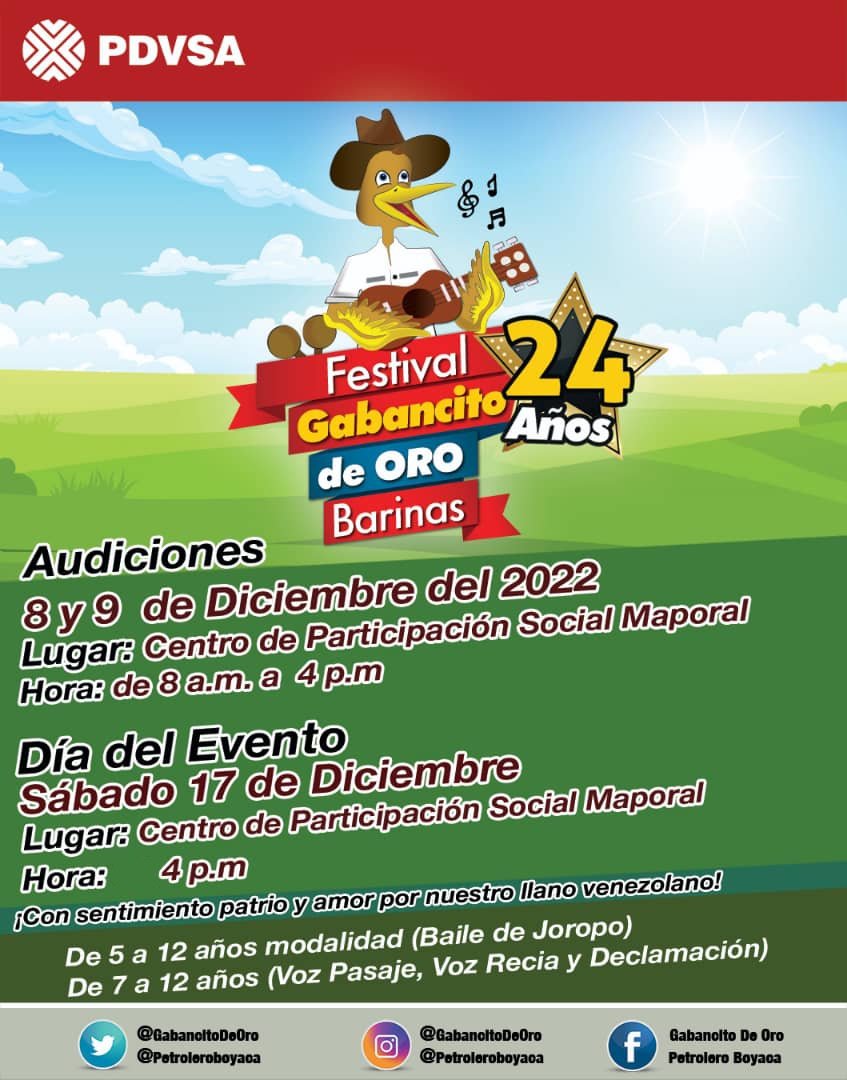 GabancitodeOro's tweet photo. Ya iniciamos el proceso para la XXIV Edición del #GabancitoDeOro #Barinas... Este próximo 8 y 9 de Diciembre ven al CPS Maporal y participa en las audiciones del Festival Infantil de mayor tradición en los llanos venezolanos https://t.co/JIXuqWg4MK