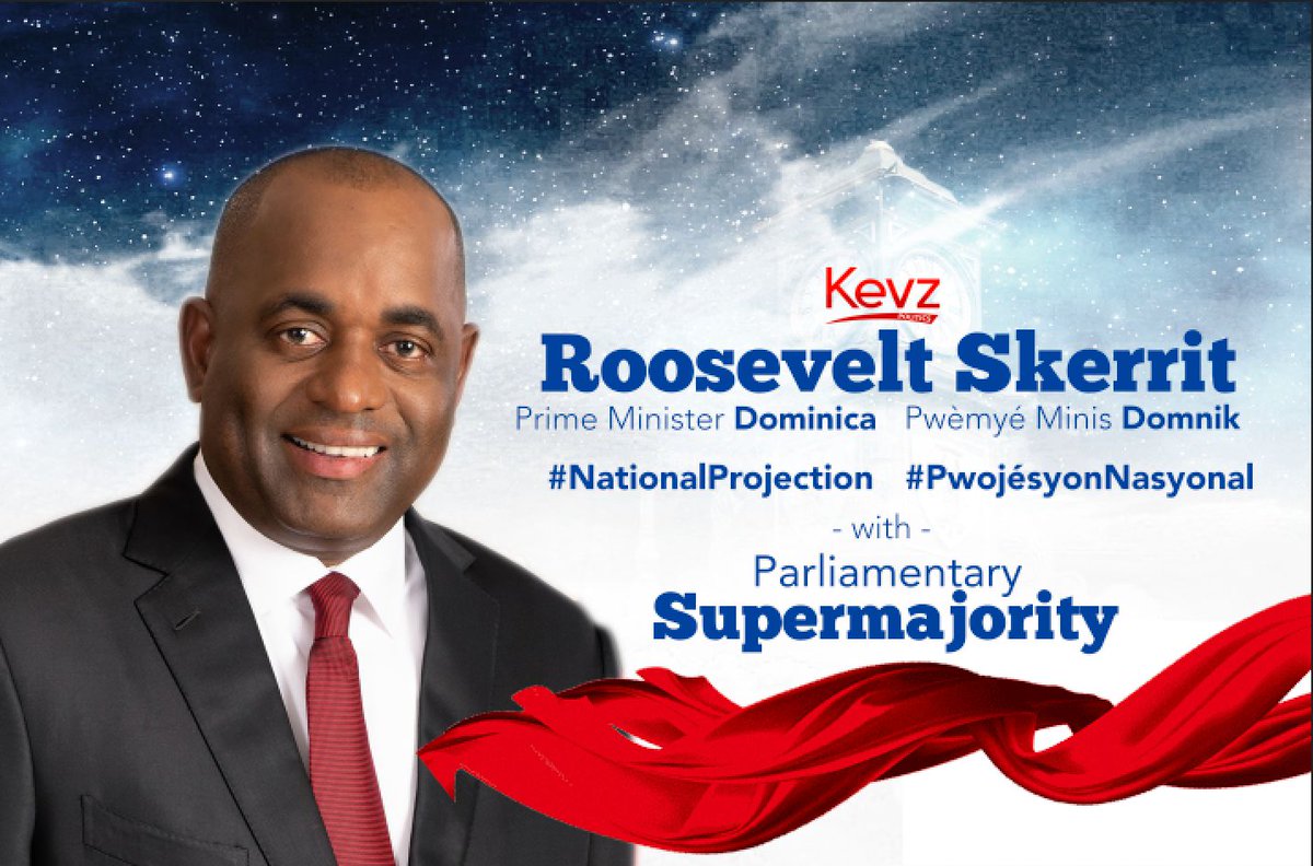 KevzPolitics's tweet photo. #BREAKING: #NationalProjection: 6:51PM: We project Roosevelt Skerrit will remain Prime Minister of Dominica - securing a historic 5th consecutive term in office
We also project Dominica Labour Party will retain its parliamentary supermajority in the House of Assembly #DecisionDM https://t.co/WVh8B0kdNH
