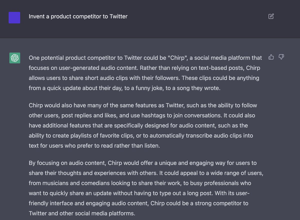 When #ChatGPT  was asked to invent a product competitor to Twitter...