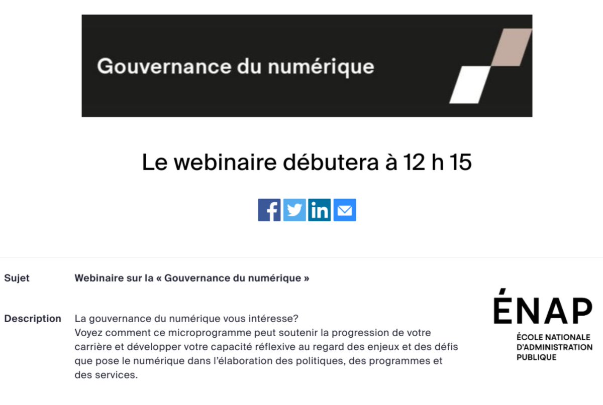 Vous avez le projet de mettre en place la gouvernance de l'information dans votre milieu? Joignez-vous à moi le 15 décembre à 12h15 pour en apprendre plus sur cette formation de l'<a href="/ENAP_Universite/">ENAP.ca</a>.  ➩ INSCRIPTION: enap.zoom.us/webinar/regist….