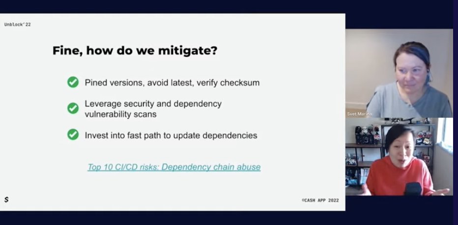 👏🔐 We have <a href="/mini_inny/">mini-inny</a> and Svet from <a href="/CashApp/">Cash App</a> sharing their knowledge &amp; insights, helping us understand attack surfaces and reduce or mitigate security risks in CI/CD! You gotta watch this later if you aren't at #Unblock22! 👏