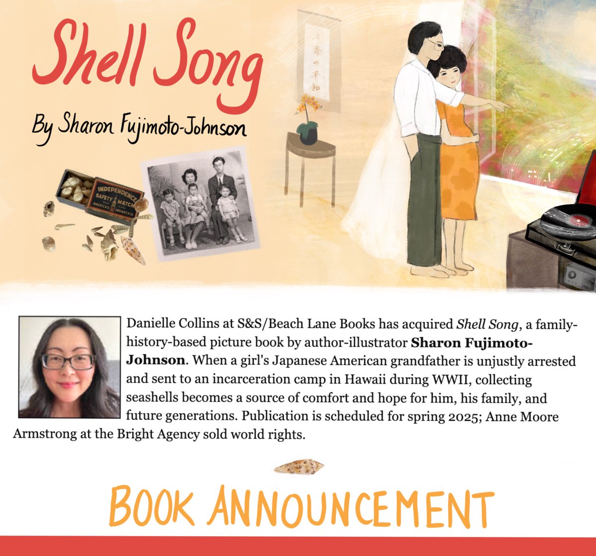 sharonffj's tweet image. I’m honored to be able to announce my second picture book, SHELL SONG (Beach Lane Books/S&amp;amp;S, spring 2025). This story is inspired by the seashells my paternal grandfather collected in a WWII incarceration camp in Hawaii. 🧵