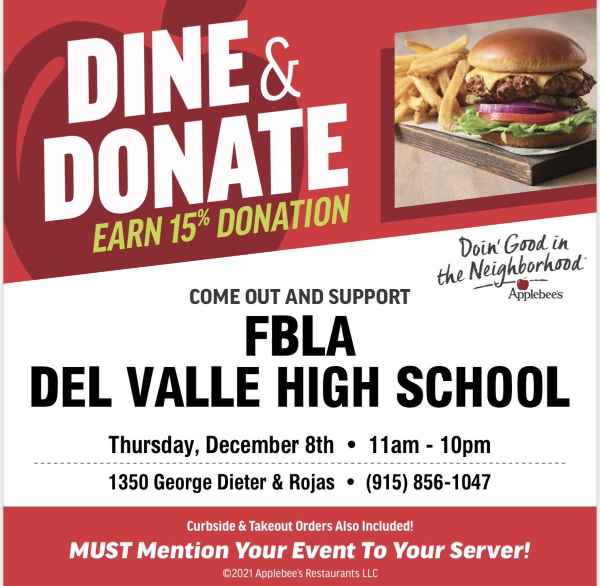 fbla_dvhs's tweet photo. FBLA is holding a "Dine and Donate" at Applebee's on George Dieter (Rojas) this Thursday, 12/8 from 10 am - 11 pm. Not in the mood to dine in? Order to go! Please mention FBLA DVHS when you place your order. https://t.co/2d9Ypa54dx