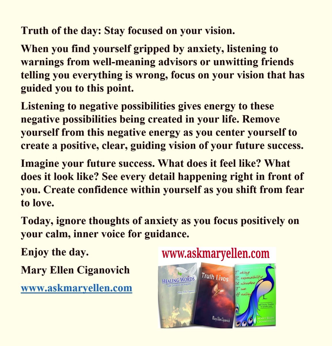 askmaryellen's tweet photo. Truth of the day: Stay focused on your vision. #Wednesdayswisdom #truthoftheday #mindfulnesspost #dailydevotionals #Truthteacher #mindfulnesscoach #motivationalspeaker Truth Lives https://t.co/O5zd8WfXNe or https://t.co/y0Sk80gnIr https://t.co/auH9JJ6Rkl