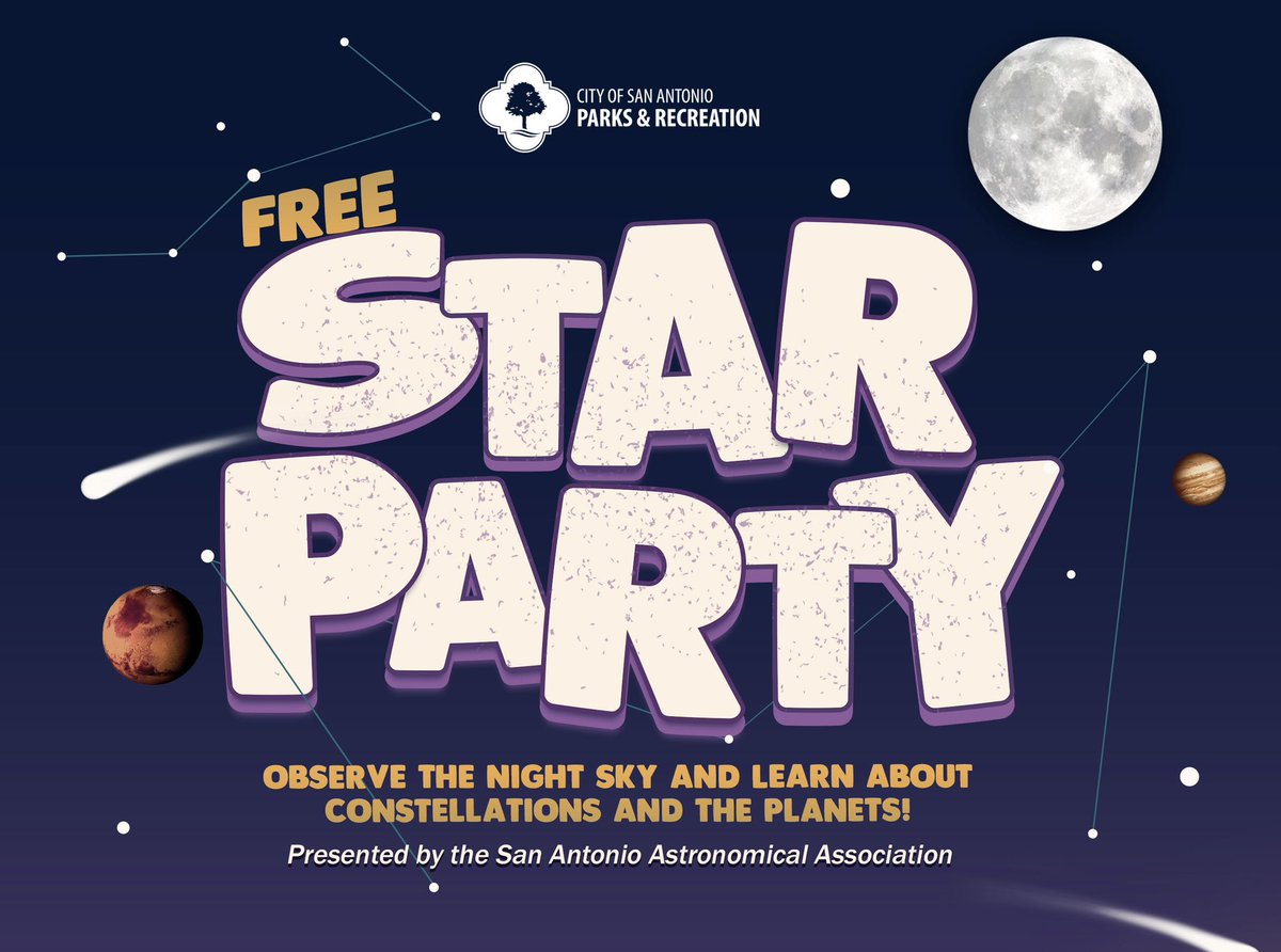 🌟 #STARPARTY 💫
Observe the night sky and learn about the constellations and planets. 🪐🤗 Take advantage of 2 more opportunities. 🙌🔭

🗓️ Dec 10 | ⏰ 5:30p-8:30p
📍 Eisenhower Park

🗓️ Jan 14 | ⏰ 5:30p-8:30p
📍 Medina River Natural Area

👥 All Ages | 🎟️ Free

#SAParksAndRec